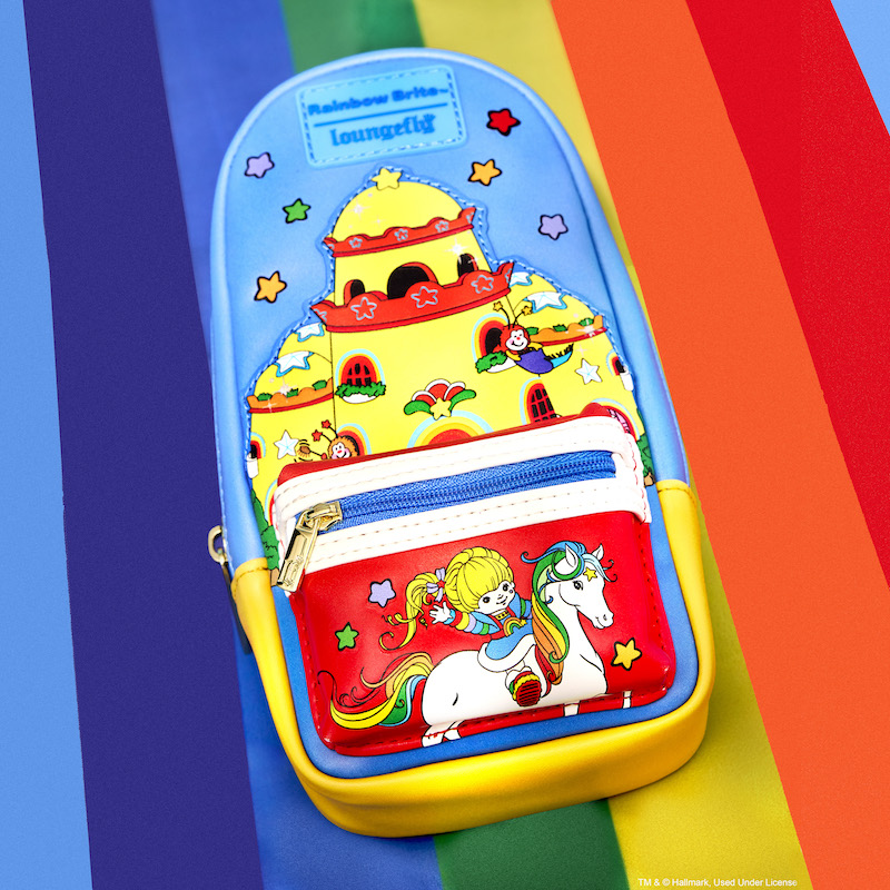 Loungefly Rainbow Brite Color Castle Stationery Mini Backpack Pencil Case featuring Color Castle and Rainbow Brite riding Starlite, sitting on a rainbow background. 